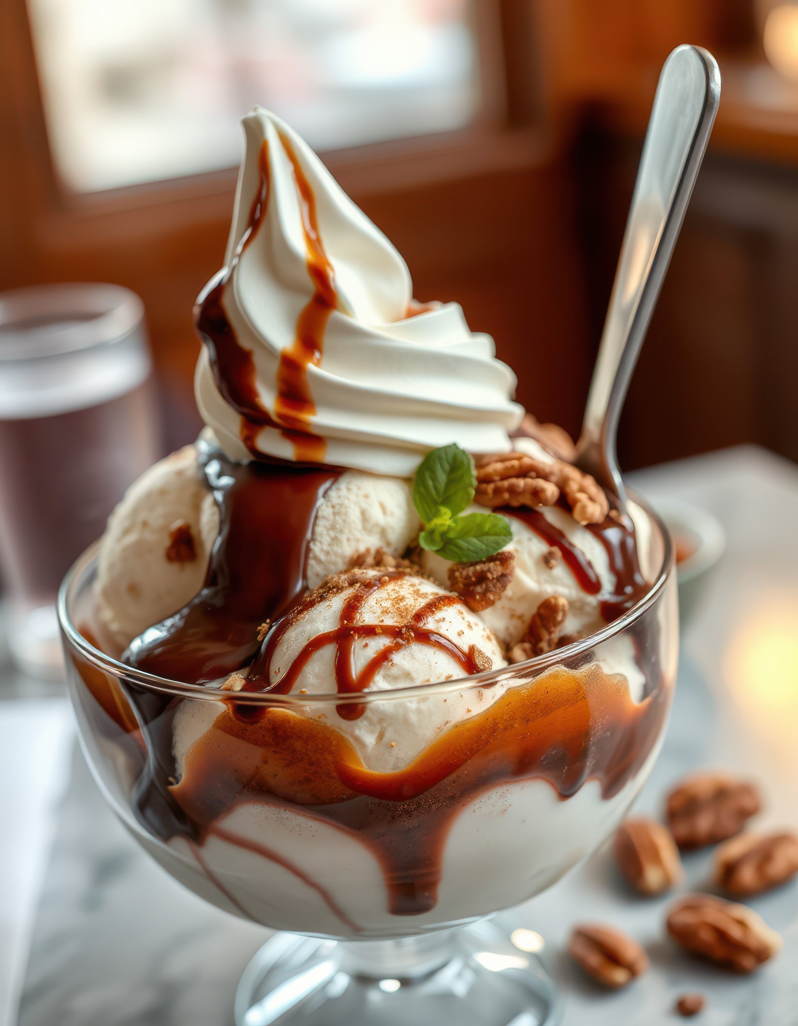 Creamy dessert topped with chocolate sauce and nuts served in a glass bowl at a cozy cafe